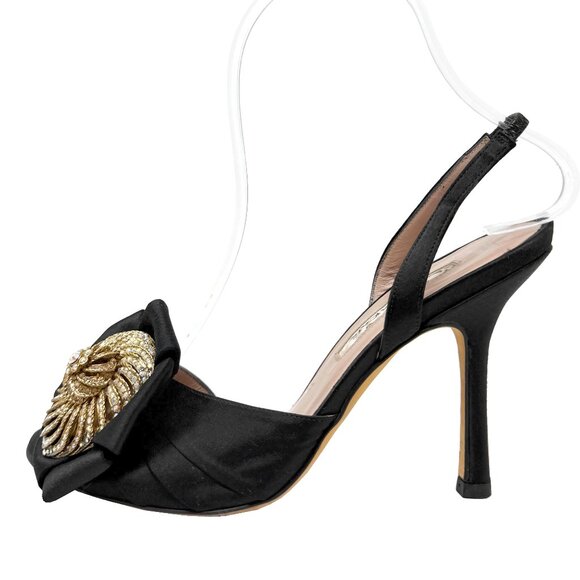 Oscar de la Renta Black Satin Crystal Bow Slingback Heels 36.5 - Picture 2 of 8